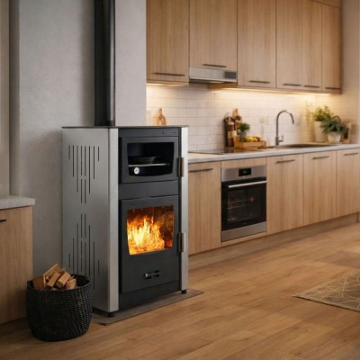 Malkinė krosnelė su vandens kontūru ir su orkaite Velmora Fire ATS HYDRO ΜΑSΙΝΑ 90-25 pilka, 25kW - Krosnelės
