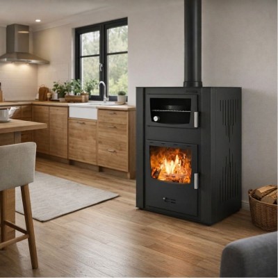 Malkinė krosnelė su vandens kontūru ir su orkaite Velmora Fire ATS HYDRO ΜΑSΙΝΑ 90-30 juoda, 35kW - Krosnelės