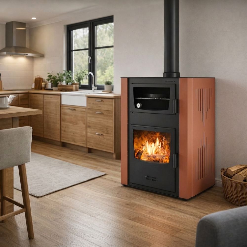 Malkinė krosnelė su vandens kontūru ir su orkaite Velmora Fire ATS HYDRO ΜΑSΙΝΑ 90-30 terakota, 35kW | Krosneles su orkaite | Krosnelės |