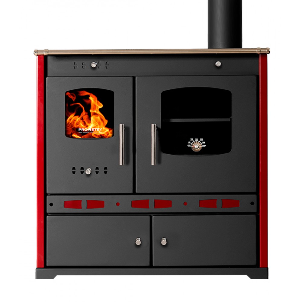 Мalkinė krosnelė viryklė Prometey Perfect Eco Lux su dešiniuoju dūmtraukiu, bordo, 7.5kW |  |  |