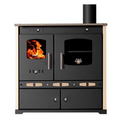 Мalkinė krosnelė viryklė Prometey Perfect Eco Lux su dešiniuoju dūmtraukiu, dramblio kaulo, 7.5kW - Malkinė viryklės