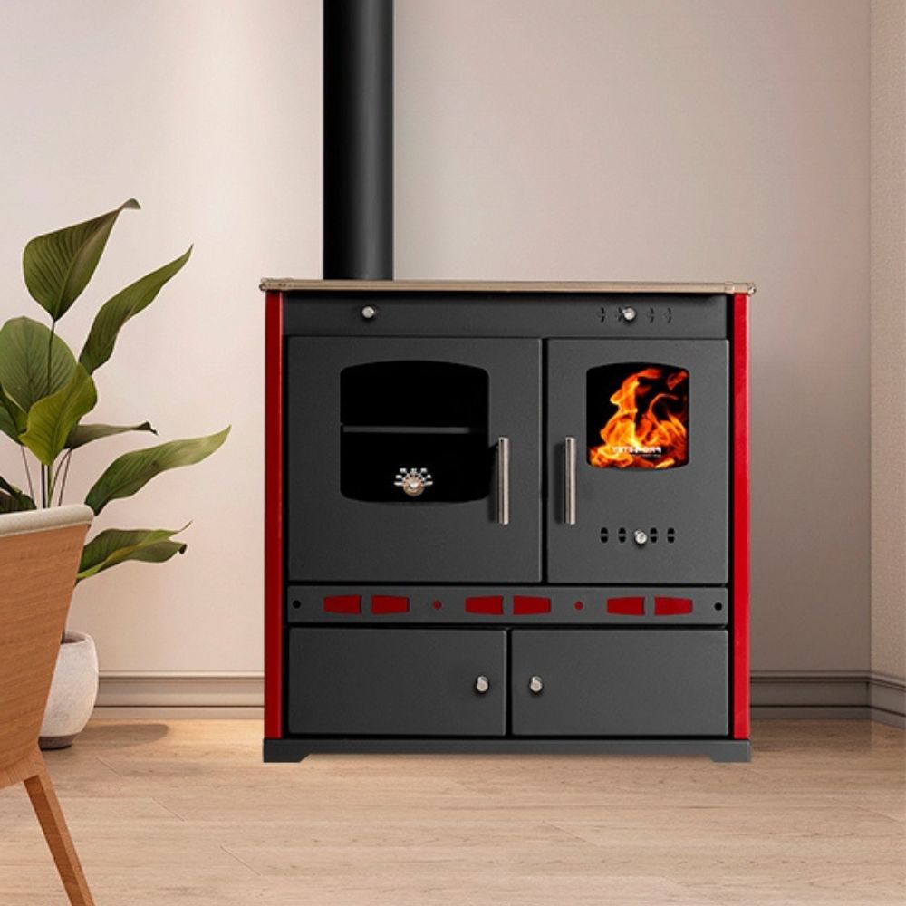 Мalkinė krosnelė viryklė Prometey Perfect Eco Lux su kairiuoju dūmtraukiu, bordo, 7.5kW |  |  |