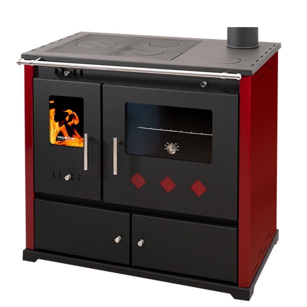 Мalkinė krosnelė viryklė Prometey Perfect Practik Lux su dešiniuoju dūmtraukiu, bordo, 9.5kW |  |  |