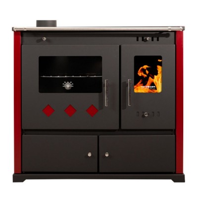Мalkinė krosnelė viryklė Prometey Perfect Practik Lux su kairiuoju dūmtraukiu, bordo, 9.5kW - Malkinė viryklės