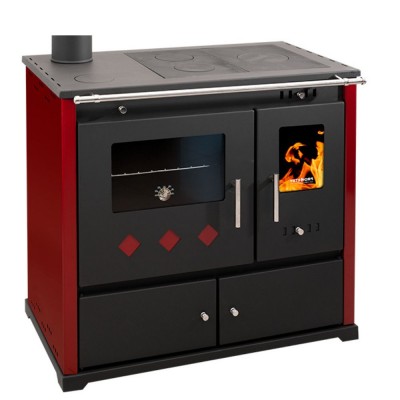 Мalkinė krosnelė viryklė Prometey Perfect Practik Lux su kairiuoju dūmtraukiu, bordo, 9.5kW - Malkinė viryklės
