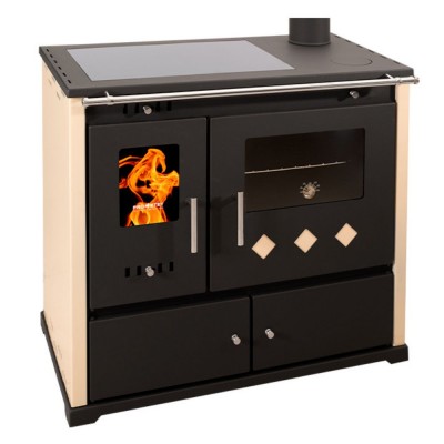 Мalkinė krosnelė viryklė Prometey Perfect Practik Lux su keramine kaitlente, dešiniuoju dūmtraukiu, dramblio kaulo spalvos, 9.5kW - Malkinė viryklės