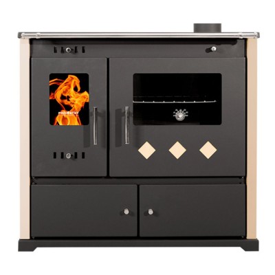 Мalkinė krosnelė viryklė Prometey Perfect Practik Lux su keramine kaitlente, dešiniuoju dūmtraukiu, dramblio kaulo spalvos, 9.5kW - Malkinė viryklės