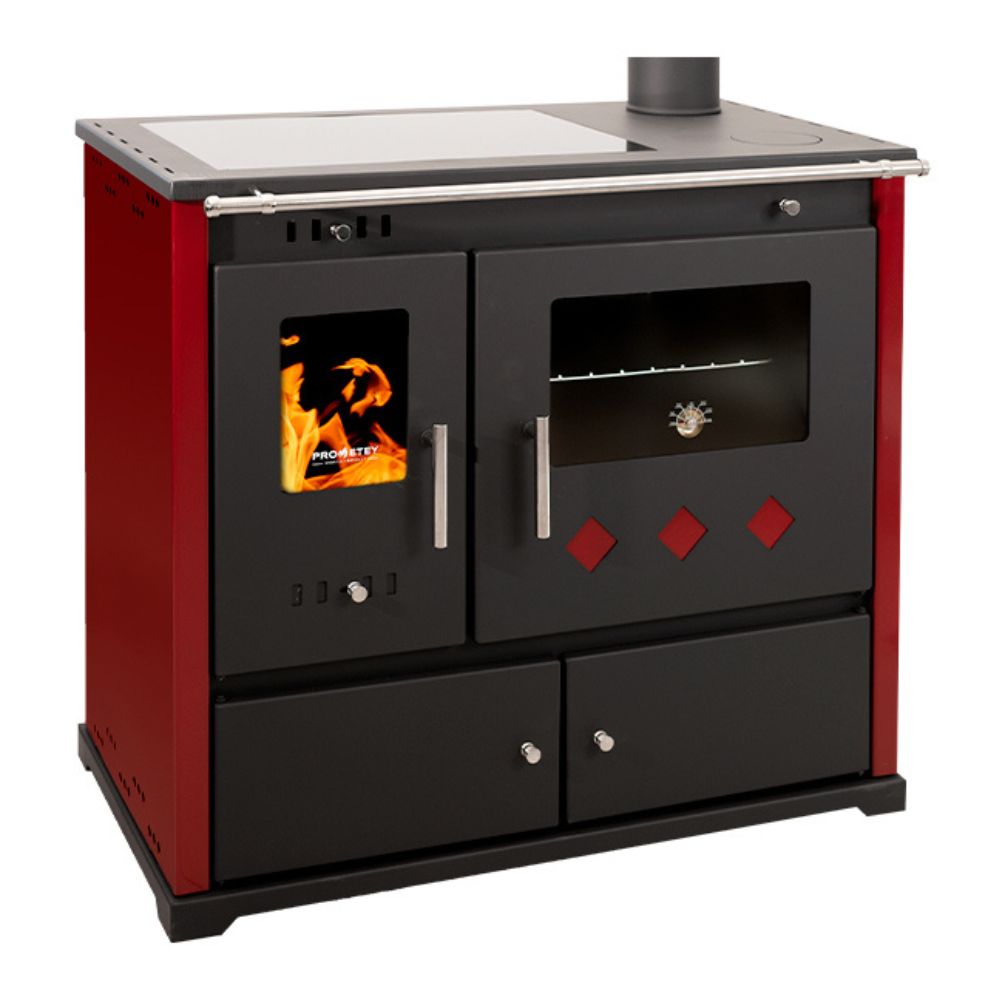 Мalkinė krosnelė viryklė Prometey Perfect Practik Lux su keramine kaitlente, dešinysis dūmtraukis, bordo spalvos, 9.5kW Мalkinė krosnelė viryklė Prometey Perfect Practik Lux su keramine kaitlente, dešinysis dūmtraukis, bordo spalvos, 9.5kW