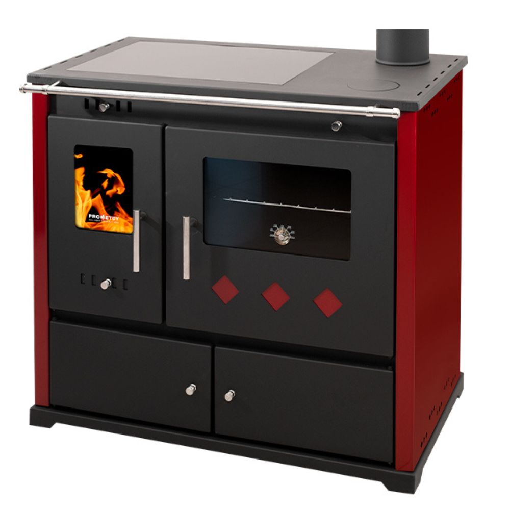 Мalkinė krosnelė viryklė Prometey Perfect Practik Lux su keramine kaitlente, dešinysis dūmtraukis, bordo spalvos, 9.5kW |  |  |