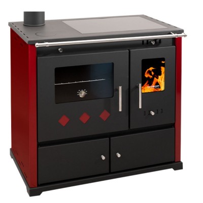 Мalkinė krosnelė viryklė Prometey Perfect Practik Lux su keramine kaitlente, kairysis dūmtraukis, bordo, 9.5kW - Malkinė viryklės