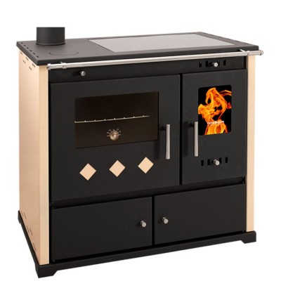 Мalkinė krosnelė viryklė Prometey Perfect Practik Lux su keramine kaitlente, kairysis dūmtraukis, dramblio kaulo spalvos, 9.5kW - Malkinė viryklės