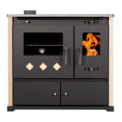 Мalkinė krosnelė viryklė Prometey Perfect Practik Lux su keramine kaitlente, kairysis dūmtraukis, dramblio kaulo spalvos, 9.5kW - Malkinė viryklės