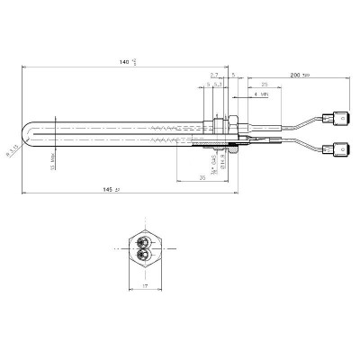 Uždegiklis / rezistorius granulinėms krosnėms Palladio ir kitoms, bendras ilgis 145mm, 250W - Uždegikliai / rezistoriai granulinėms krosnims
