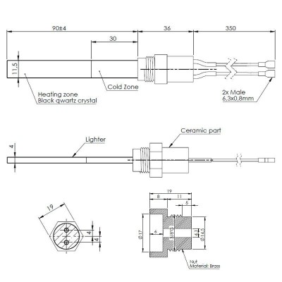 Uždegiklis / rezistorius su juodu kvarco kristalu granulinėms krosnelėms Karmek One, La Nordica ir kitoms, bendras ilgis 126mm, 300W - Uždegikliai / rezistoriai granulinėms krosnims