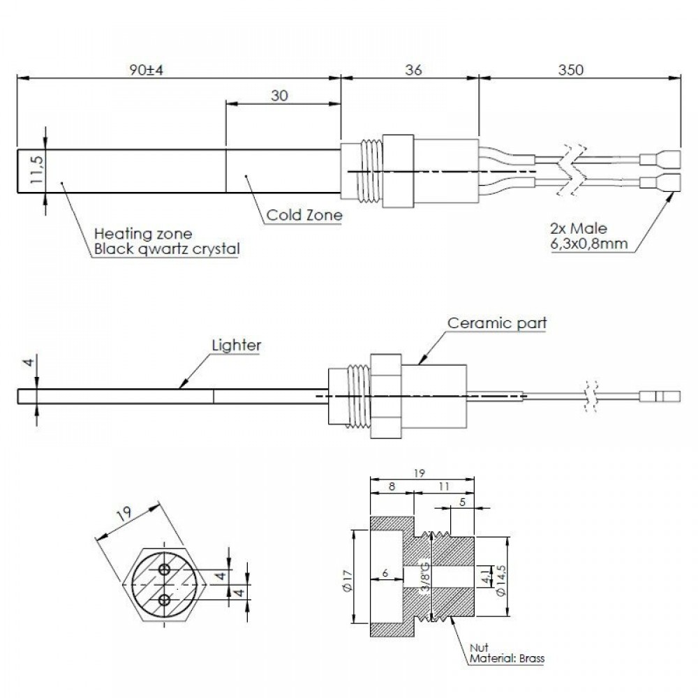 Uždegiklis / rezistorius su juodu kvarco kristalu granulinėms krosnelėms, bendras ilgis 126mm, 400W | Uždegikliai / rezistoriai granulinėms krosnims | Granulių krosnelių dalys |
