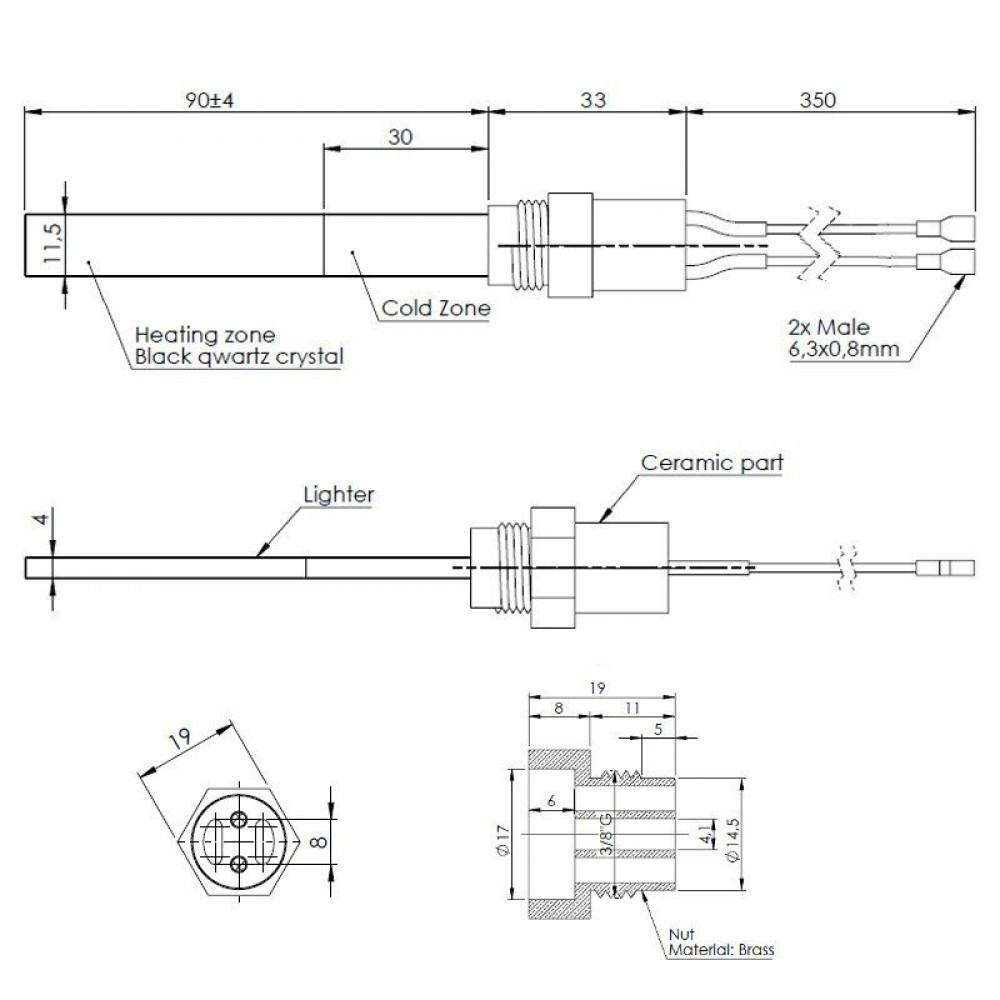Uždegiklis / rezistorius su juodu kvarco kristalu granulinėms krosnelėms, bendras ilgis 123mm, 300W | Uždegikliai / rezistoriai granulinėms krosnims | Granulių krosnelių dalys |