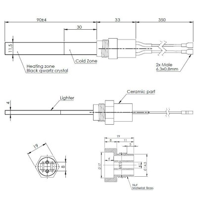 Uždegiklis / rezistorius su juodu kvarco kristalu granulinėms krosnelėms Ferroli, Eco Spar, BURNiT ir kiti, bendras ilgis 123mm, 300W - Uždegikliai / rezistoriai granulinėms krosnims