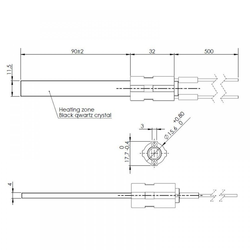 Uždegiklis / rezistorius su juodu kvarco kristalu granulinėms krosnelėms, bendras ilgis 122mm, 400W | Uždegikliai / rezistoriai granulinėms krosnims | Granulių krosnelių dalys |