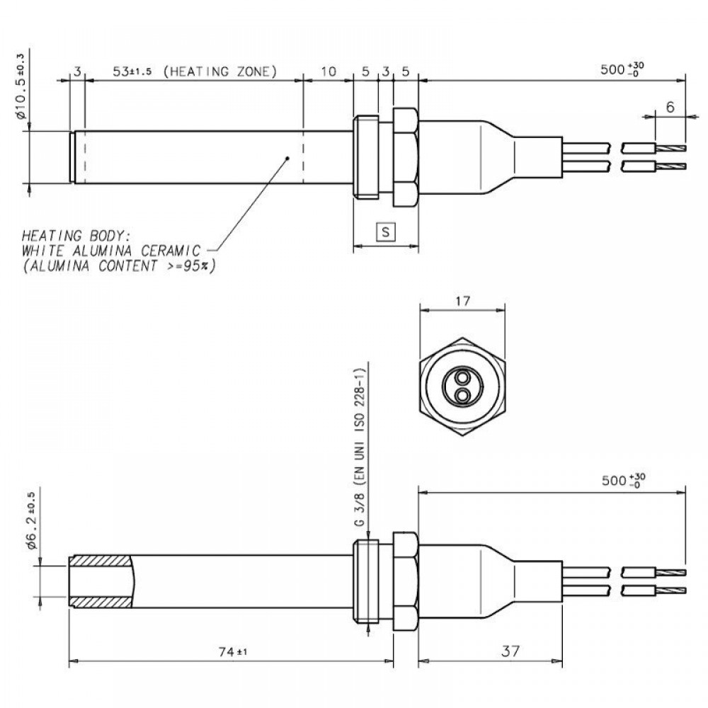 Keraminis Uždegiklis / rezistorius granulinėms krosnelėms, bendras ilgis 88mm, 250W | Uždegikliai / rezistoriai granulinėms krosnims | Granulių krosnelių dalys |