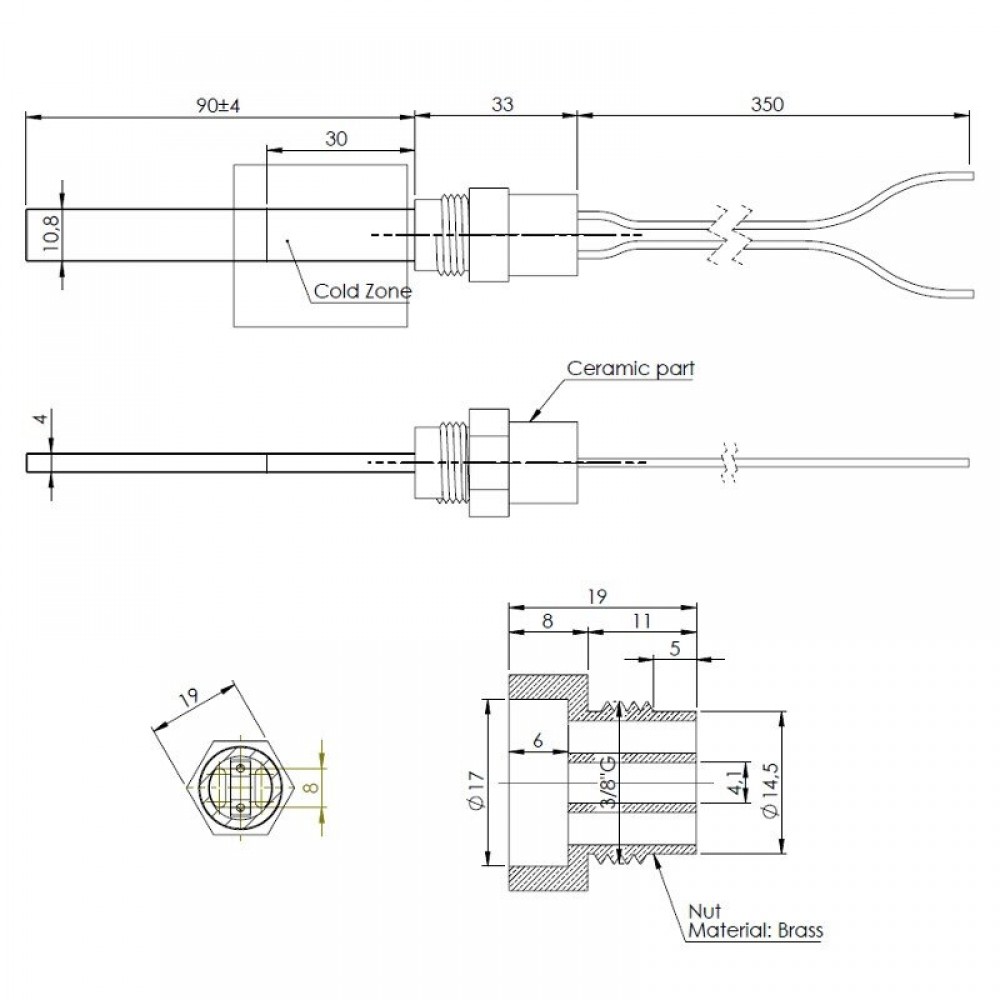 Žemos įtampos Uždegiklis / rezistorius granulinėms krosnelėms, bendras ilgis 123mm, nuo 120W iki 24V | Uždegikliai / rezistoriai granulinėms krosnims | Granulių krosnelių dalys |