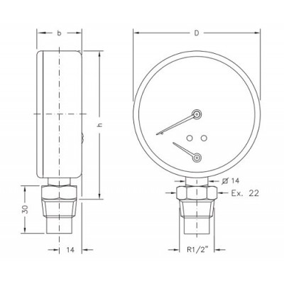 Axial thermomanometer Cewal, Bottom connection - Centrinis šildymas